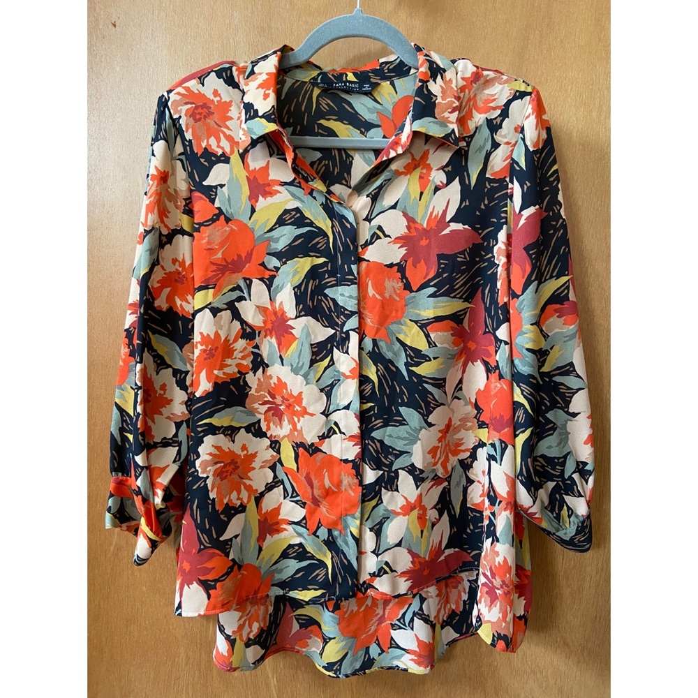 Zara basics tropical flower button down